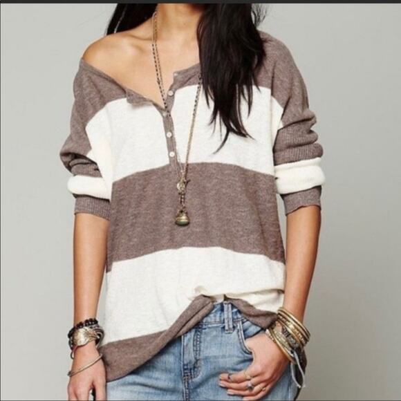 Free People beach gold rush Henley striped brown tunic  linen top medium - Picture 1 of 10